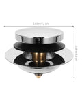 Universal Bathtub Drain Stopper Press Plug with Copper Core, chrome finish, measuring 2.83 in diameter, showing internal components.
