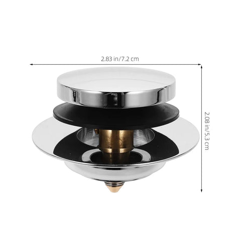 Universal Bathtub Drain Stopper Press Plug with Copper Core, chrome finish, measuring 2.83 in diameter, showing internal components.
