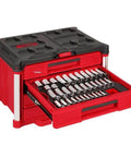 Shop Rated 242 Piece Metric Socket Wrench Set With Smooth Slide Drawers open showing shiny chrome sockets in red case.