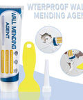 Drywall Repair Kit With 130G Universal Paste Cream For DIY Home Fixes Easy Wall Mending And Quick Patch Spackle And Wall Patch Kit In White Plastic Ideal For Home Improvement Projects, showing tube, scraper, and nozzle with patch examples.