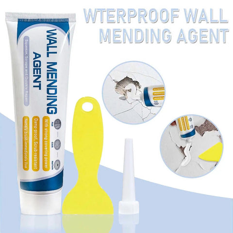 Drywall Repair Kit With 130G Universal Paste Cream For DIY Home Fixes Easy Wall Mending And Quick Patch Spackle And Wall Patch Kit In White Plastic Ideal For Home Improvement Projects, showing tube, scraper, and nozzle with patch examples.