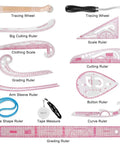 Top Shelf 13 Piece French Curve Ruler Set For Sewing Pattern Drafting And Fashion Design includes various rulers and tools.