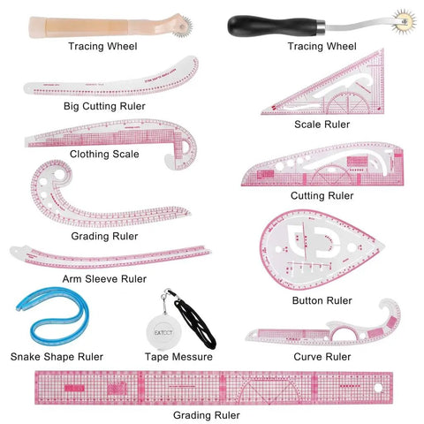 Top Shelf 13 Piece French Curve Ruler Set For Sewing Pattern Drafting And Fashion Design includes various rulers and tools.