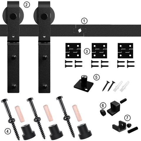 Bi-Folding Sliding Barn Door Hardware Track Kit components including metal brackets, rollers, screws, and J shape track
