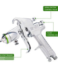 Heavy Duty Pressure Feed Air Spray Paint Gun With One Piece Steel Body And Nickel Chromium Coating 1.5mm Nozzle with control valves and trigger.