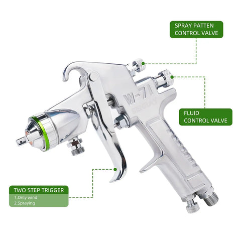 Heavy Duty Pressure Feed Air Spray Paint Gun With One Piece Steel Body And Nickel Chromium Coating 1.5mm Nozzle with control valves and trigger.