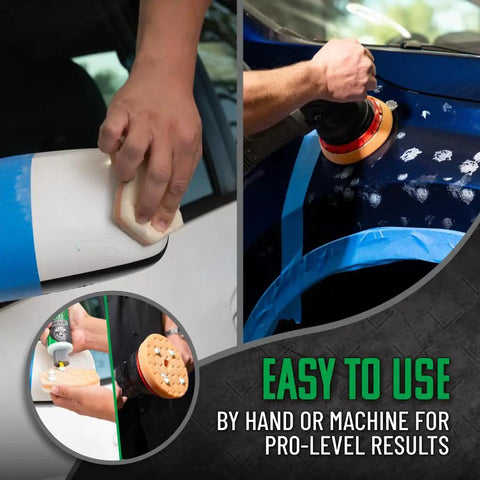 Demonstration of Insynchro Scratch And Swirl Remover One Step Compound And Polish For Paint Correction Removes Fine Scratches Swirls And Oxidation from Cars applied by hand and machine on car surface.