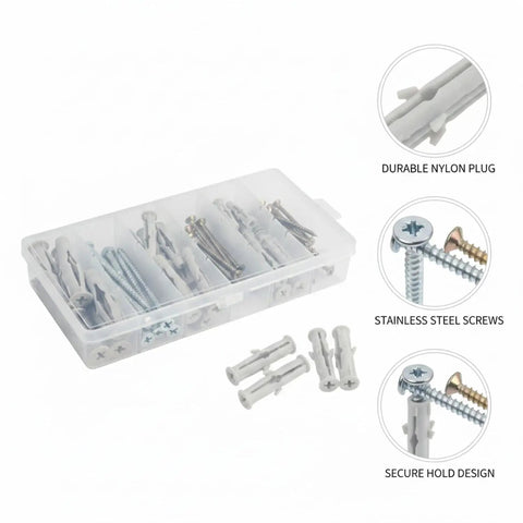 Nylon Wall Plug And Screw Anchor Kit For Drywall Hollow Brick And Foam Block In White visible in storage case with stainless screws.