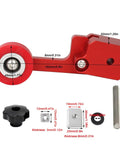 Dang Tough Bearing Roller Featherboards Precision Stock Guides Feed Steady On Table Saw Router And Band Saw Top Shelf Aluminum Woodworking Safety Accessory In Bold Red close-up on roller and aluminum base with dimensions.