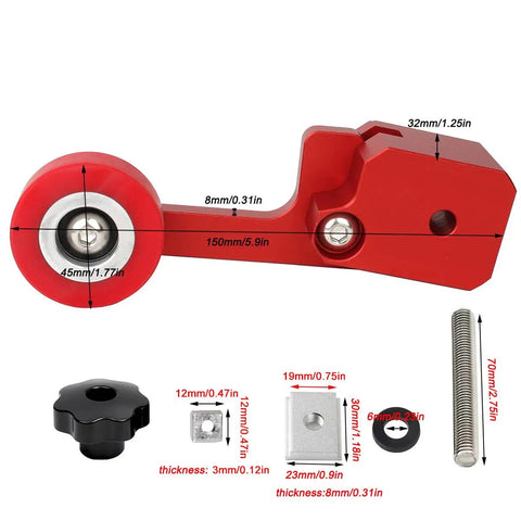 Dang Tough Bearing Roller Featherboards Precision Stock Guides Feed Steady On Table Saw Router And Band Saw Top Shelf Aluminum Woodworking Safety Accessory In Bold Red close-up on roller and aluminum base with dimensions.
