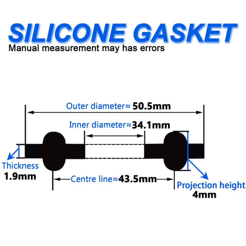 Silicone gasket dimensional diagram showing outer diameter 50.5mm, inner diameter 34.1mm, and thickness 1.9mm