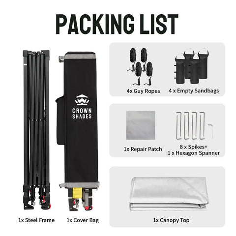 Packing list for 10x10 Pop Up Canopy With Center Lock One Push Setup, features steel frame, cover bag, canopy top, accessories.