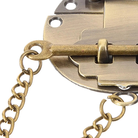 Close-up view of Retro Iron Alloy Hasp Latch Tower Buckle Chain Lock for Vintage Jewelry Chest storage.
