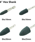 Ten Pack Of Super Durable Aluminum Oxide Grinding Stones With Easy Fit Hex Shank For Rotary Tools Drills And Grinders Perfect For Tough Grinding Sharpening And Polishing Jobs On Metal And More, showing four sizes with 1/4" hex shank.