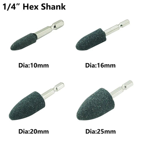 Ten Pack Of Super Durable Aluminum Oxide Grinding Stones With Easy Fit Hex Shank For Rotary Tools Drills And Grinders Perfect For Tough Grinding Sharpening And Polishing Jobs On Metal And More, showing four sizes with 1/4" hex shank.