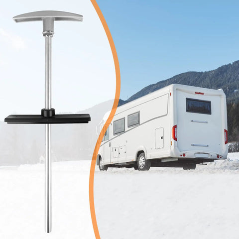 RV Waste Valve Replacement Kit With Aluminum Dump Valve Handle And Sewer Extension Tubes shown with RV in background.