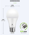 Outdoor A19 LED Dusk Till Dawn Light Bulbs With Photocell Sensor showing 4.6in height, 2.36in width, E26 base, 2 Pack.