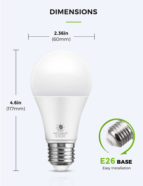 Outdoor A19 LED Dusk Till Dawn Light Bulbs With Photocell Sensor showing 4.6in height, 2.36in width, E26 base, 2 Pack.