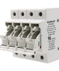 Heavy Duty 4 Pole DIN Rail Fuse Holder for 10x38mm Fuses, 32A 690VAC, RT18-32 Compatible, white plastic material, side view