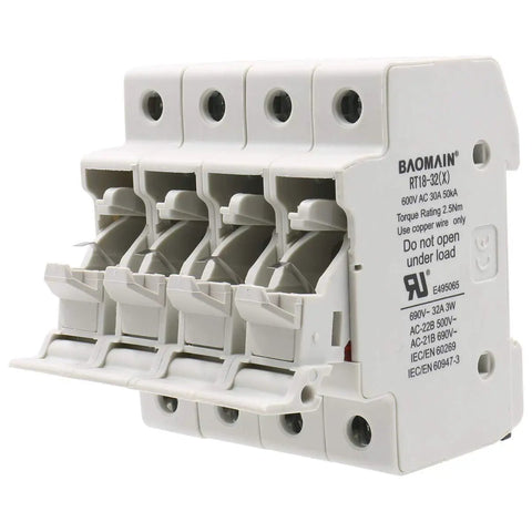 Heavy Duty 4 Pole DIN Rail Fuse Holder for 10x38mm Fuses, 32A 690VAC, RT18-32 Compatible, white plastic material, side view
