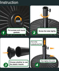 Assembly instructions for Heavy Duty Patio Umbrella Base Stand with concave radial pattern and screw adjustment.
