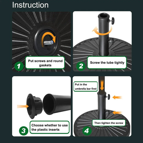 Assembly instructions for Heavy Duty Patio Umbrella Base Stand with concave radial pattern and screw adjustment.