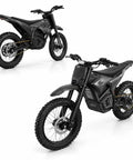 Heavy Duty Off Road Electric Dirt Bike With A Beast Mode 60V 30Ah Battery And 6000W Peak Motor viewed from side and rear angles.