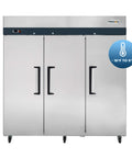 Top Shelf 78 Inch Triple Door Reach In Freezer 72 Cubic Feet Stainless Steel commercial freezer with three doors and temperature display.