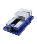 6 Inch Hardened Steel Milling Machine Bench Vise With Lock Down Clamps Locked In Tight To Kill The Wiggle Delivers Serious Clamping Force Zero Slippage Shop Ready Precision Vice, side view showing jaws and clamp.