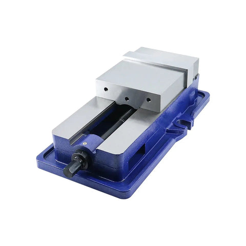 6 Inch Hardened Steel Milling Machine Bench Vise With Lock Down Clamps Locked In Tight To Kill The Wiggle Delivers Serious Clamping Force Zero Slippage Shop Ready Precision Vice, side view showing jaws and clamp.