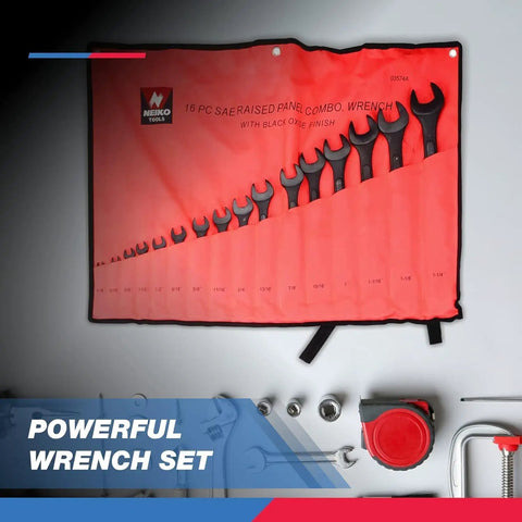 Jumbo Metric Combination Wrench Set, 16 Piece From 6 mm To 32 Mm, displayed in a labeled red tool bag