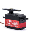 Side view of 12kg coreless digital servo motor, red label on black housing