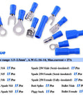 540 Piece Quick Disconnect Electrical Terminal Kit With Mixed Insulated Crimp Terminals Including Butt Spade Fork Ring Bullet And Piggyback Connectors For 22 To 16 16 To 14 12 To 10 Gauge Wiring DIY Friendly All In One Electrician Must Have shown in blue connectors with specification details