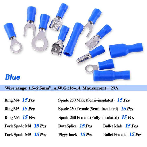 540 Piece Quick Disconnect Electrical Terminal Kit With Mixed Insulated Crimp Terminals Including Butt Spade Fork Ring Bullet And Piggyback Connectors For 22 To 16 16 To 14 12 To 10 Gauge Wiring DIY Friendly All In One Electrician Must Have shown in blue connectors with specification details