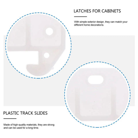 Close-up of white plastic track slides and latches from 10 Pack Plastic Drawer Slides For Cabinets And Closets Easy Install White Drawer Track Guides