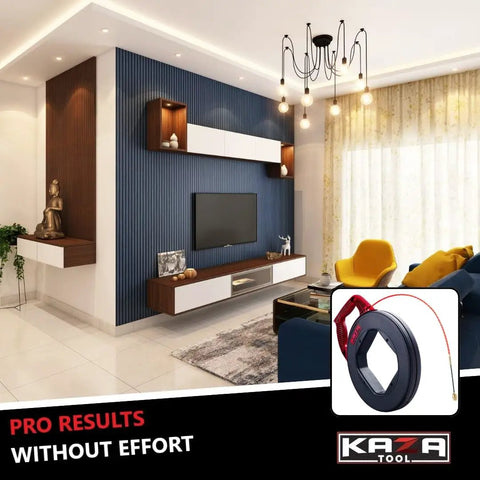 Heavy Duty Polyester Fish Tape And Wire Puller For Electrical Conduit Runs Built Tough displayed in modern living room.