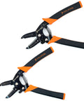 All In One Wire Stripper Bundle For 22-10 And 30-20 AWG With Ergonomic 22 Degree Handle Angle Spring Loaded Open Non Scoring Strip Smooth Wire Cutting Built In Screw Cutter And Wire Loops Durable Orange Color, two wire strippers with open jaws showing ergonomic design and features.