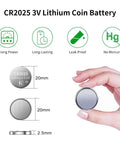 Hella Reliable Cr2025 Lithium Coin Cell Batteries 10 Pack 3 Volt 160 Mah shown in hand, 20mm diameter, leak-proof design for car keys and watches.
