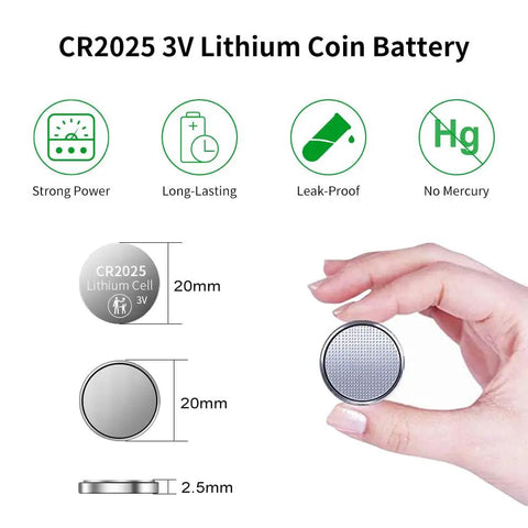 Hella Reliable Cr2025 Lithium Coin Cell Batteries 10 Pack 3 Volt 160 Mah shown in hand, 20mm diameter, leak-proof design for car keys and watches.