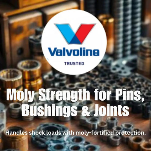 Valvoline logo with text 'Moly Strength for Pins, Bushings & Joints' over machinery components in the background.