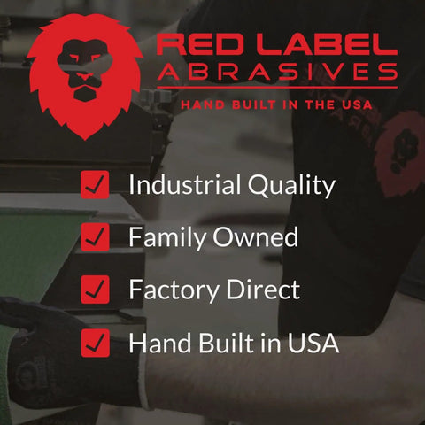 Red Label Abrasives showing industrial quality and family-owned features in a workshop setting.