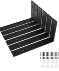 6 Pack Heavy Duty 12 Inch Black L Shelf Brackets For Floating Shelves 1/5 Inch Thick One Piece Stamped Construction Delivers Precise 90 Degree Alignment And Robust Support For Walls, shown with screws