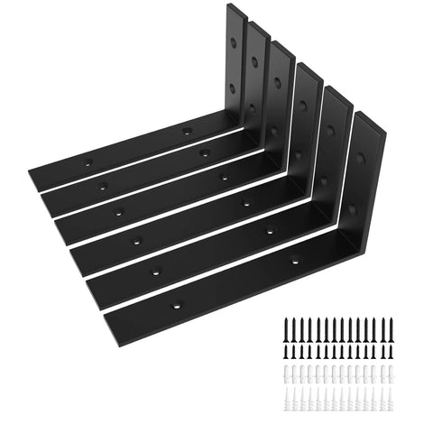 6 Pack Heavy Duty 12 Inch Black L Shelf Brackets For Floating Shelves 1/5 Inch Thick One Piece Stamped Construction Delivers Precise 90 Degree Alignment And Robust Support For Walls, shown with screws