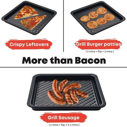 Microwave Bacon Crisper Tray For Crispy Stove And Oven Quality Bacon In Your Microwave With Far Infrared Heating Aluminum Square 12 By 12 By 2.5 Inches In Gray shown with pizza, patties, and sausages.