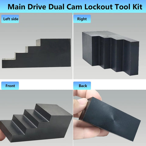 Two-piece black metal Harley Twin Cam primary drive locking tool set, shown from left, right, front and back.