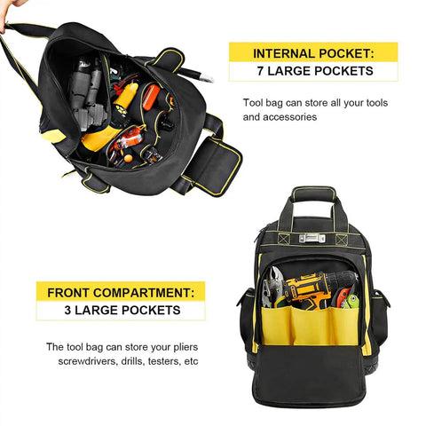 Heavy Duty Tool Backpack With Molded Waterproof Bottom And Waist Support, open top view showing internal and front pockets with tools.