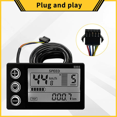 Display Screen For Q20 H20 H26 Pro Electric Bicycles Ride Ready All In One LCD Readout With Real Time Speed Odometer Battery Level PAS Gear And Fault Diagnostics Broad 24V To 60V System Compatibility, front view with plug.