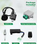 CDI Box Ignition Coil Kit For Sportsman 90 Predator 50 90 ATV With Voltage Regulator Rectifier Spark Plug And Starter Relay Solenoid Compatible With 2001 2006 Sportsman 90 Predator 50 90 Scrambler 50 90 ATV Models OEM Replacement Plug And Play Ready components displayed.