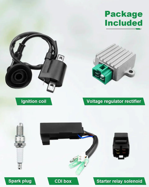 CDI Box Ignition Coil Kit For Sportsman 90 Predator 50 90 ATV With Voltage Regulator Rectifier Spark Plug And Starter Relay Solenoid Compatible With 2001 2006 Sportsman 90 Predator 50 90 Scrambler 50 90 ATV Models OEM Replacement Plug And Play Ready components displayed.