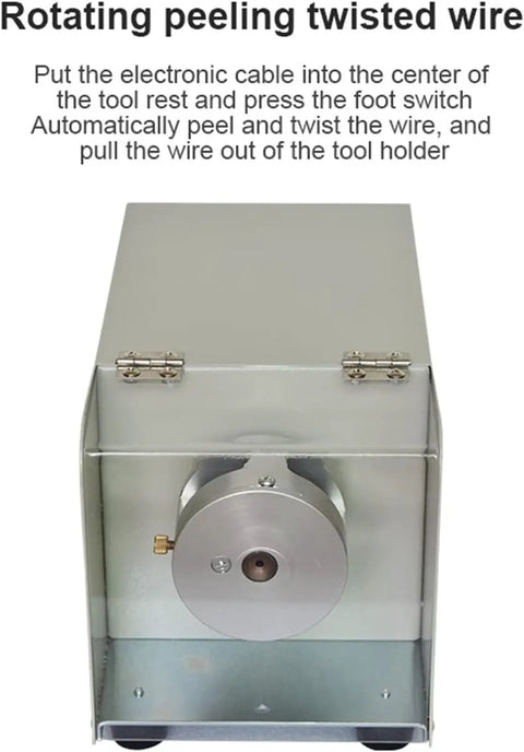 AOXHUGB Electric Automatic Wire Stripping Machine Heavy Duty Full Metal Cable Twister Cutter For Bench Work Station Fast Stripper With Protective Shell front view with rotating mechanism and tool holder.